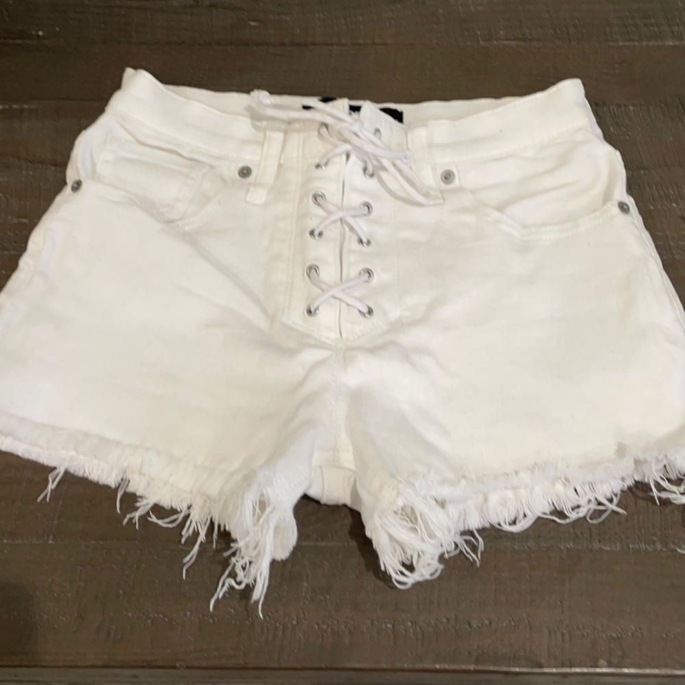 00 white Denim front lace up shorts